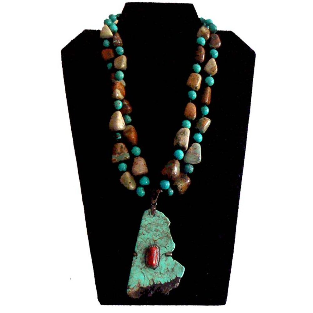 Turq. Necklace Chunky Beads Large Real Turquoise pendant.